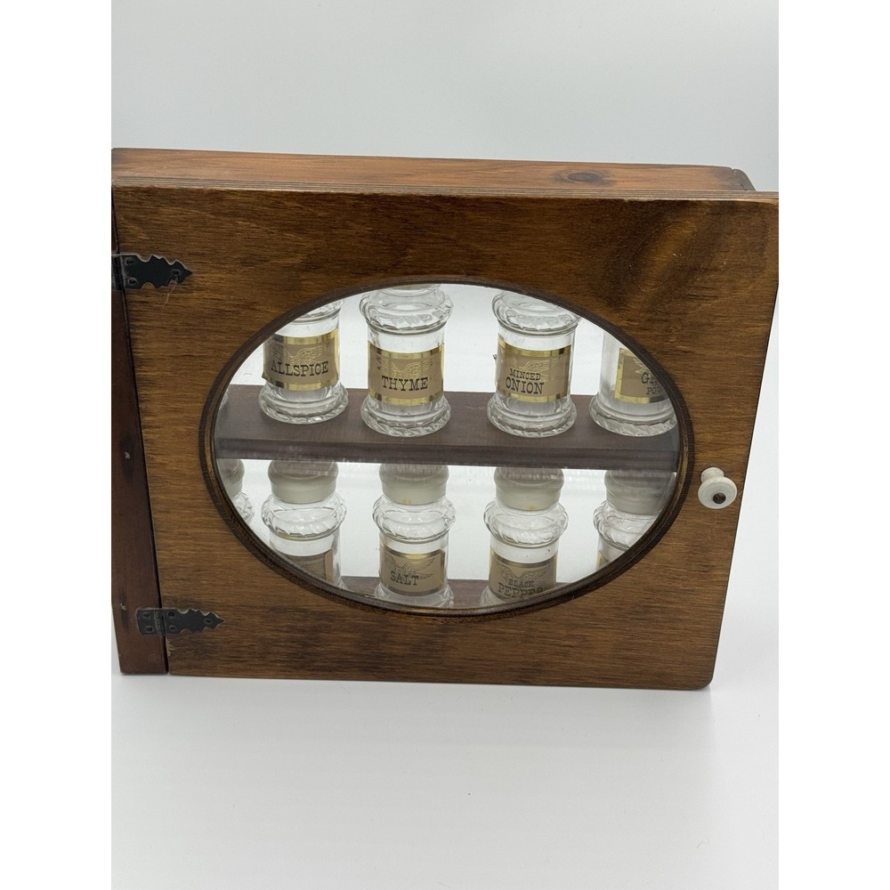 Antique‎ Wood Spice Cabinet Rack w/ 10 Glass Jars & Lids
